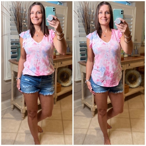 Tie Dye Flutter Ruffle Short Sleeve Pink 3220 - Picture 1 of 5